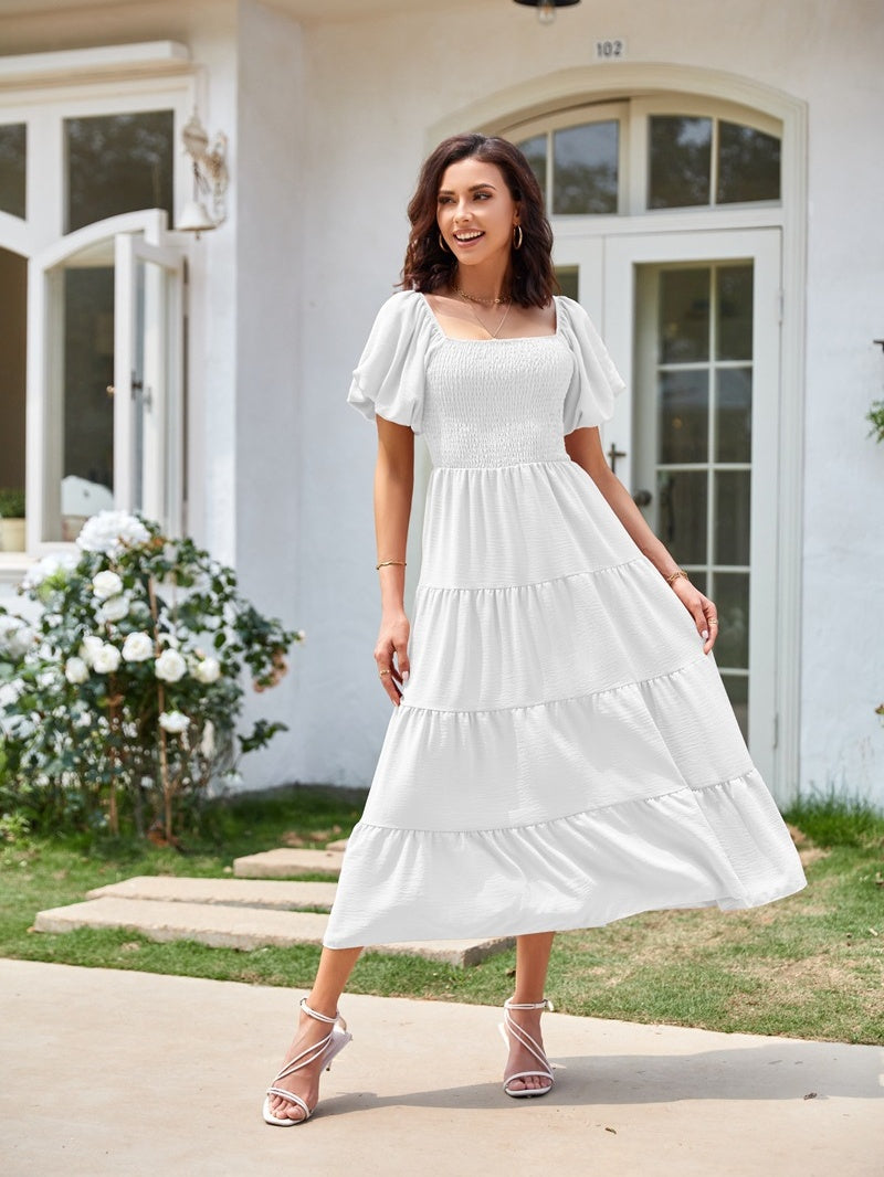 Square Neck, Backless, Puff Sleeve, Pleated Short-sleeved Long Dress