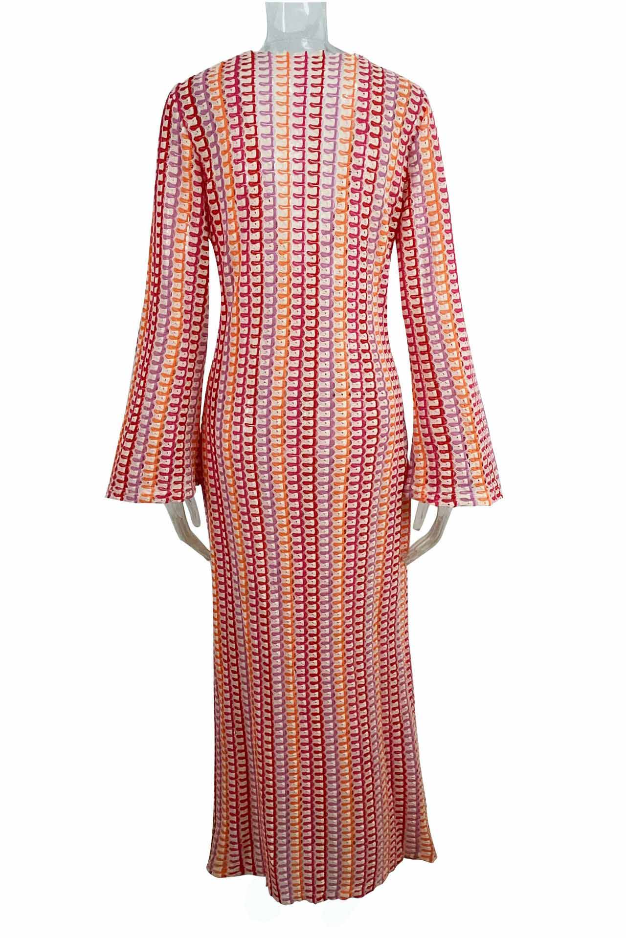 Scallop Circle Print Deep V-Neck Long Sleeve Front Slit Maxi Dress