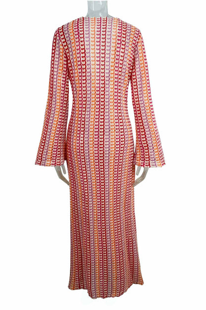 Scallop Circle Print Deep V-Neck Long Sleeve Front Slit Maxi Dress