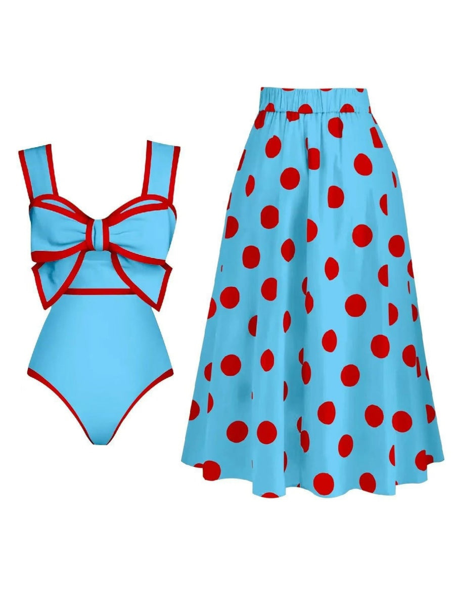Black And White Color-blocked One-piece Swimsuit With Polka Dot Sun Protection Maxi Dress Two-piece Set
