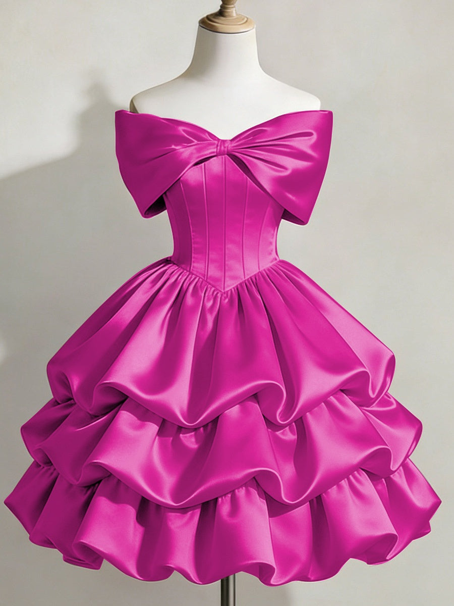 Satin Off-shoulder Bow Design Multi-layered Short Dress
