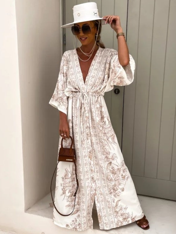 V-neck Short-sleeved Printed Maxi Dress