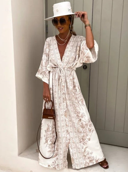 V-neck Short-sleeved Printed Maxi Dress