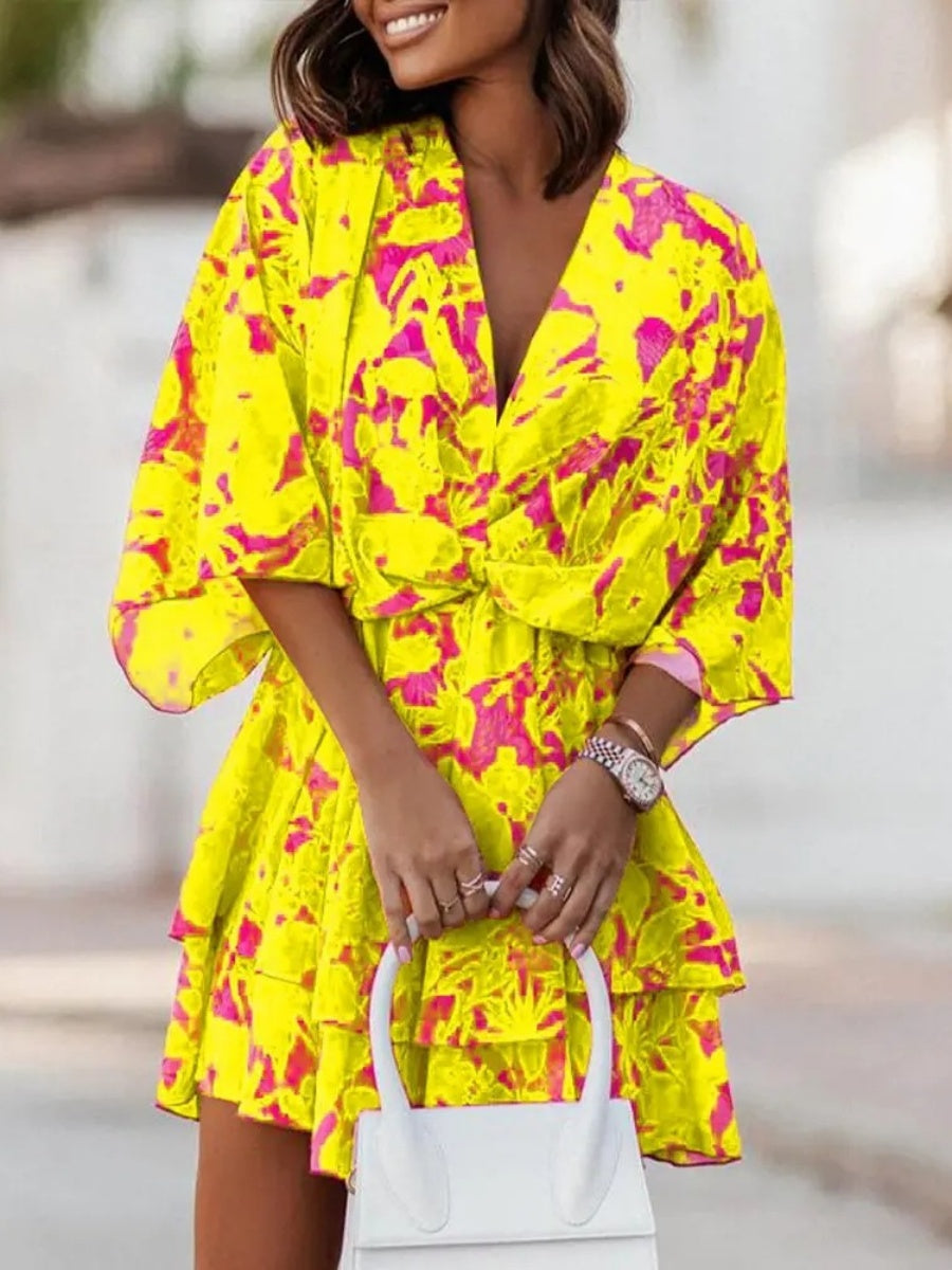 Loose-fit Batwing Sleeves Printed Commuting Mini&Short Dresses