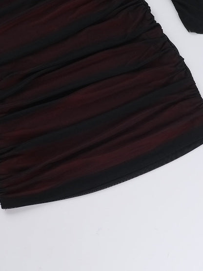 Fitted Mesh Long-Sleeved Bodycon Deep Red Short Dress