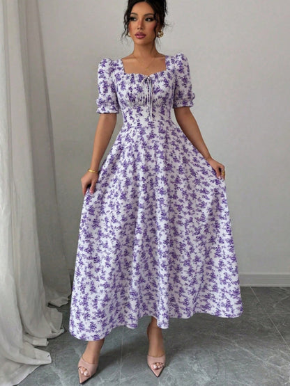 Floral Short Sleeve Square Collar Ruffle Vacation And Leisure Maxi Dresses
