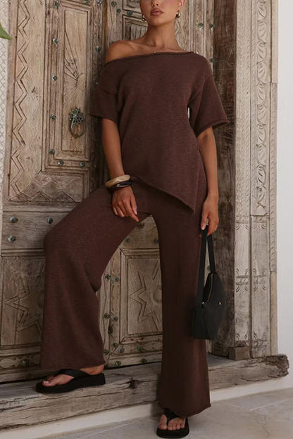 Stylish Asymmetrical Shoulder Short Sleeves Knit Top
