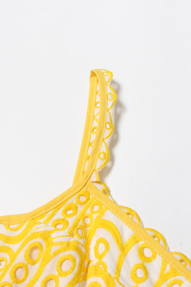 Eyelet Embroidery Spaghetti Strap Smocked Tiered Ruffle Hem Maxi Dress
