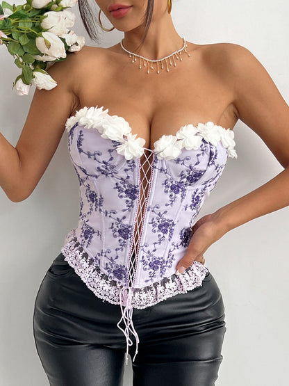 3D Flowers Lace Trim Strappy Breastplate Fishbone Strapless Vest