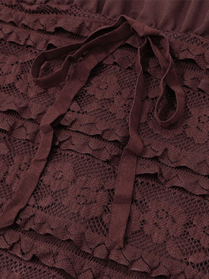 Square Collar Lace Trim Lace Up Long Sleeve Mini&Short Dresses
