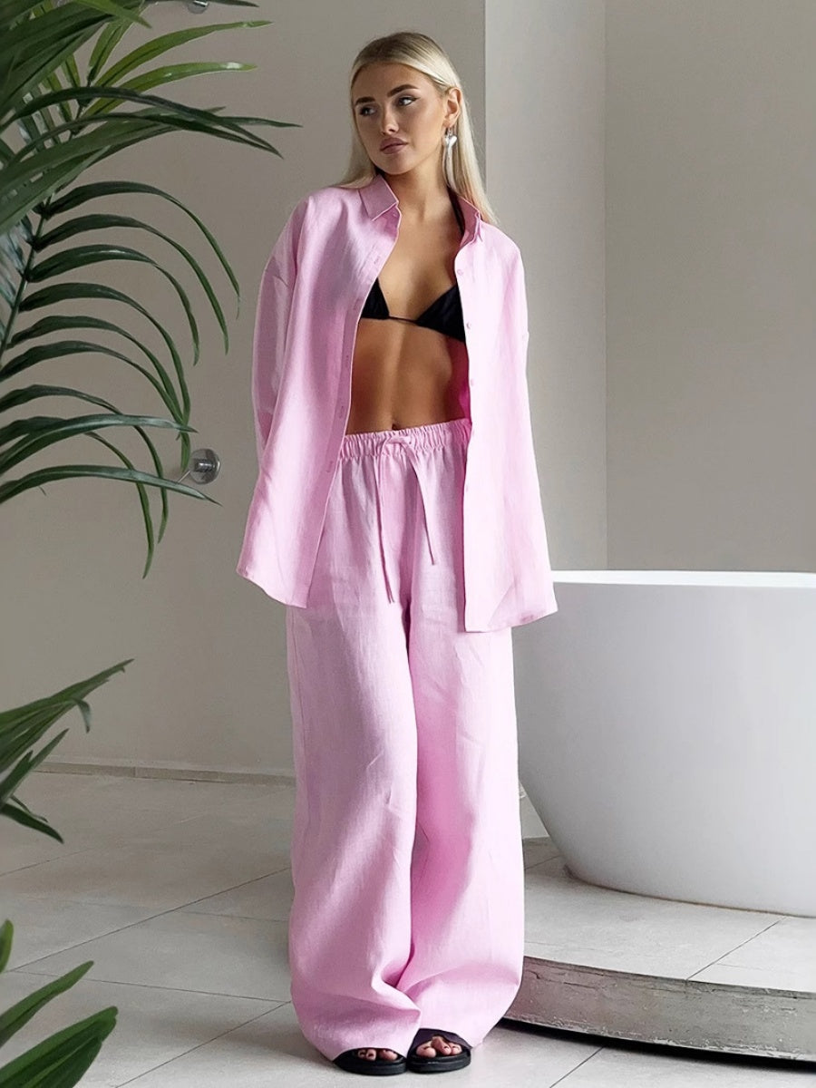 Loose-fitting Long-sleeved Shirt And Casual Trousers Two-piece Set