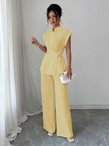 Lapel Sleeveless Kink Shirts Wide-leg Pants Business Suit 2-piece Sets