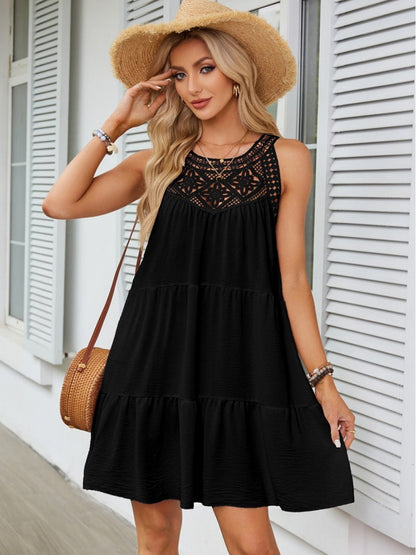 A-line Short Dress With Hollowed-out Lace Trim And Halter Neck