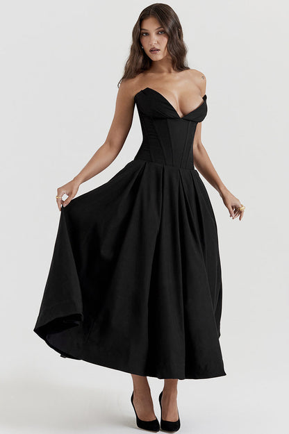 Strapless Deep Plunge Corset Boned Pleated A-Line Midi Dress