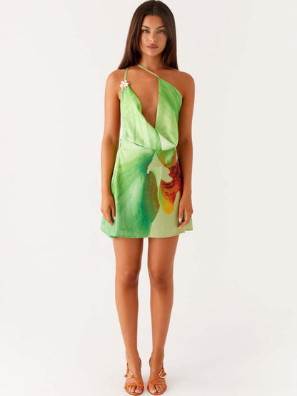 One-shoulder Floral Print Halter Dress With A Flared Neckline