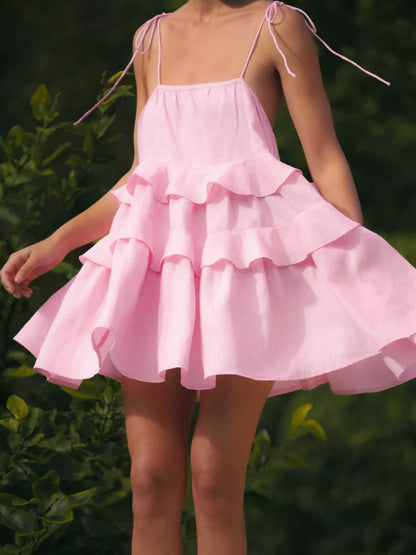 Pure Cotton Cake Skirt Backless Camisoles Beach Cover-up Mini&Short Dresses