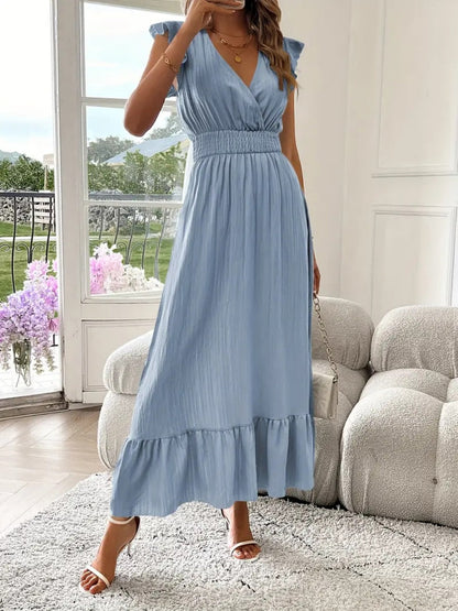 Solid Color Patchwork V-neck Long Dress