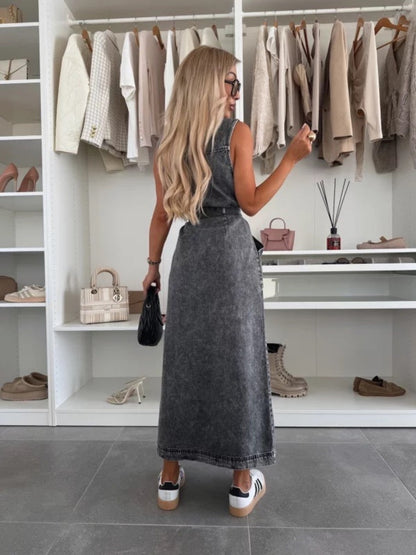 Sleeveless Tie-waist Single-breasted Denim Maxi Dress