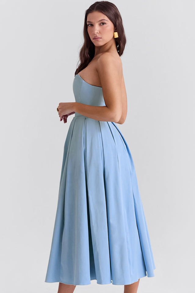 Strapless Princess Seam Pleated A-Line Midi Dress