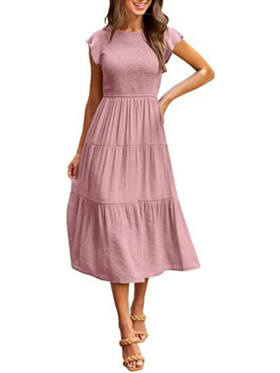 Solid Color Ruched Layered Short-sleeved Maxi Dress