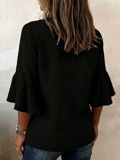 V-neck Solid Color Button Casual Ruffle Sleeve T-shirt