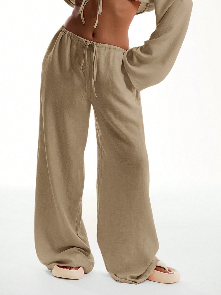 Solid Color Loose-fitting Drawstring Trousers