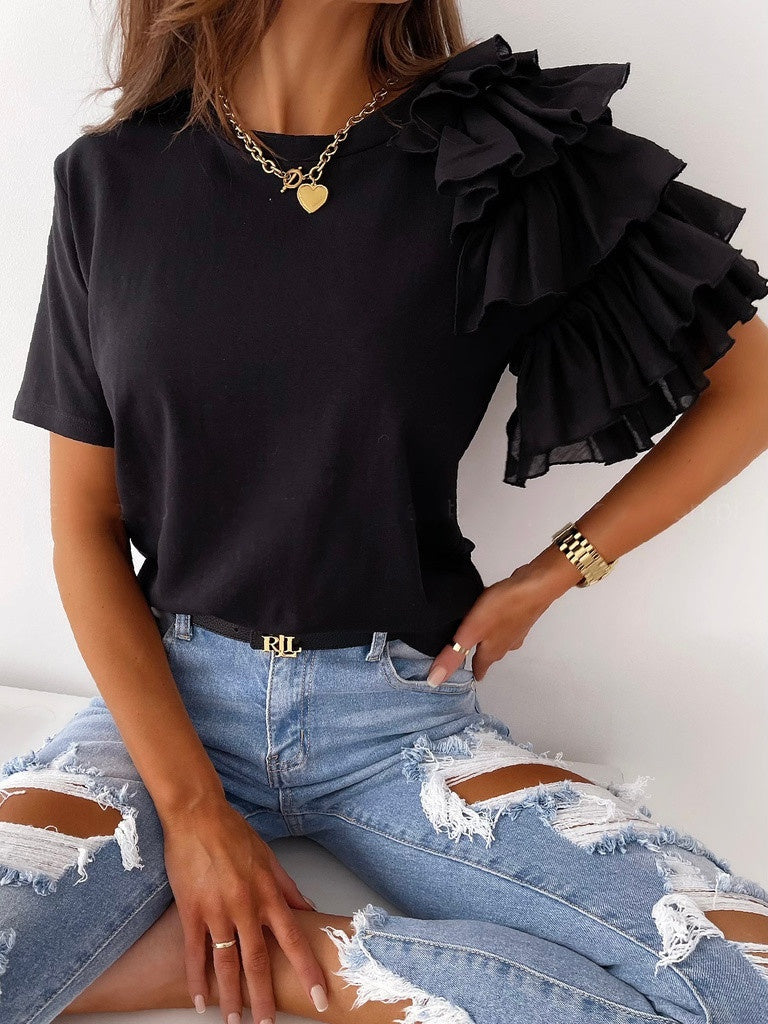 Ruffled Short-sleeved Crew Neck T-shirt