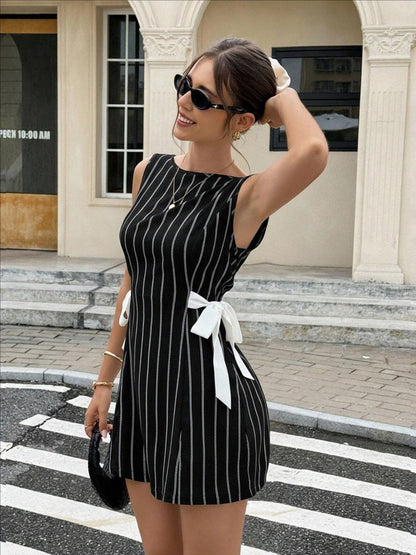 Stripes Sleeveless Reversible Bow Mini&Short Dresses