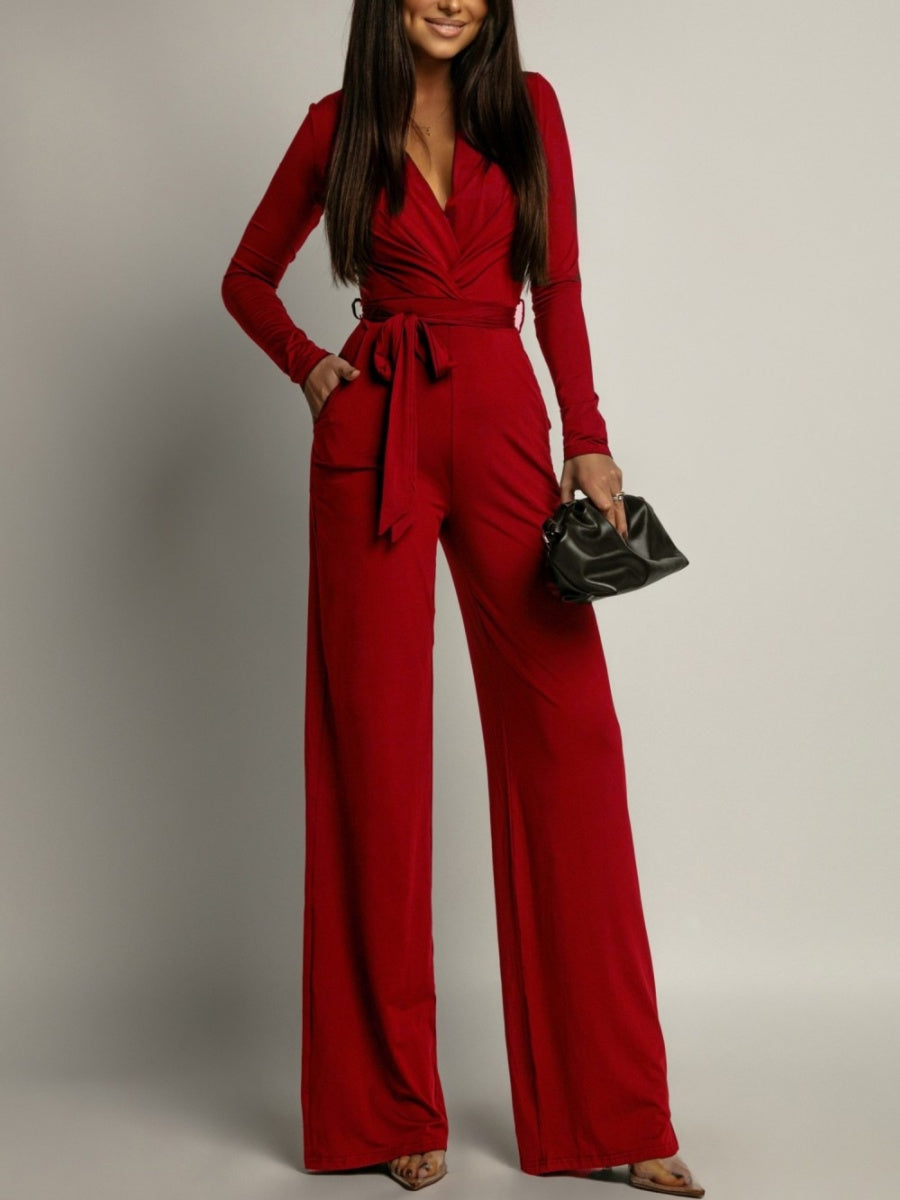 Zebra Print V-neck Long Sleeve Wide-leg Pants Jumpsuits