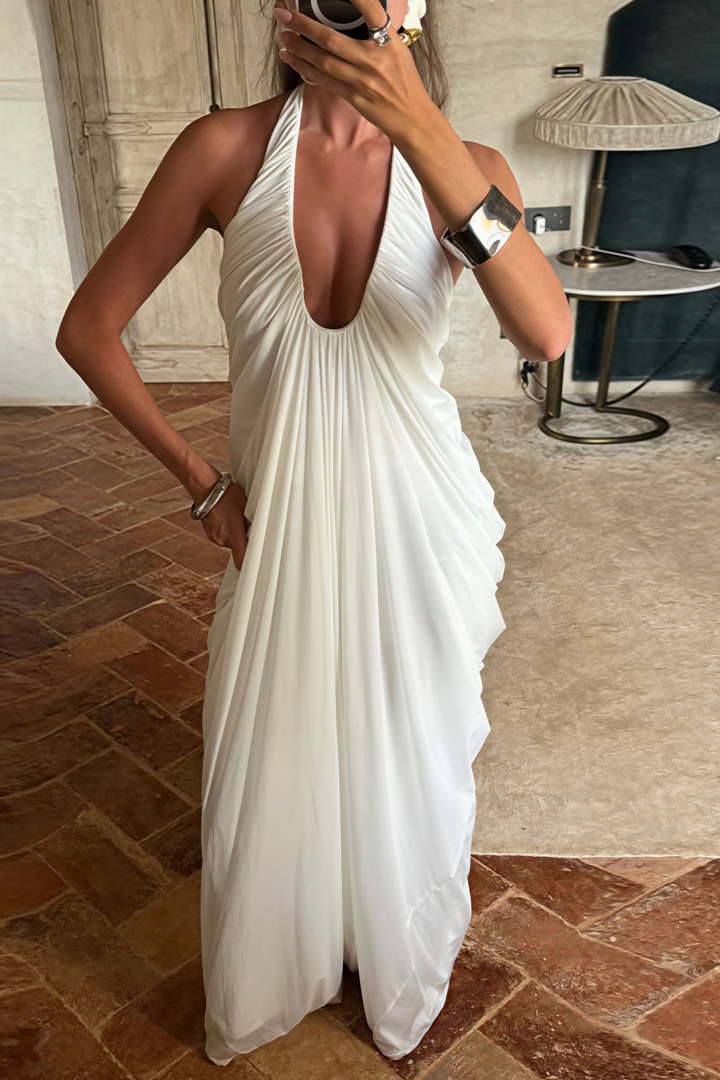 | Loose V Neck Ruffled Halter Tulle Maxi Dress
