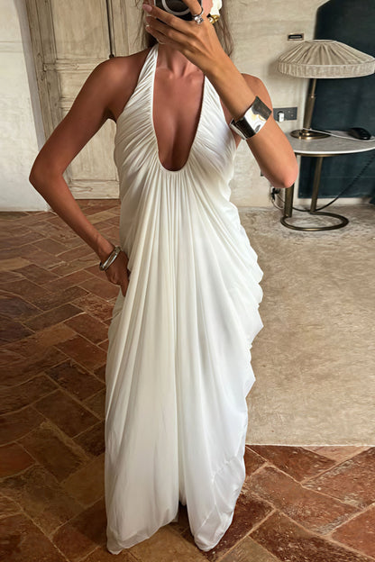 | Loose V Neck Ruffled Halter Tulle Maxi Dress