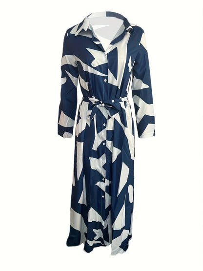 Marble Print Long Sleeve Belted Button Front Shirt Maxi Dress