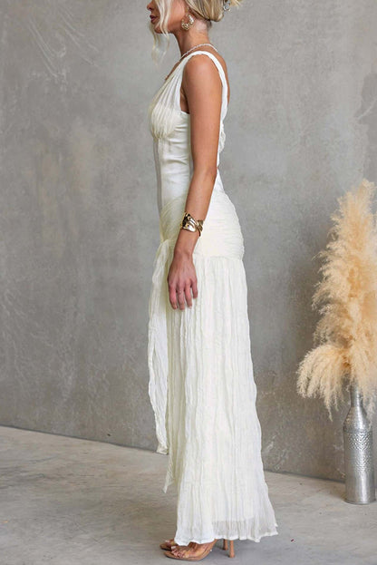 Zariyah Satin Bodice Asymmetric Neck Tie-up Waist Chiffon Hem Maxi Dress