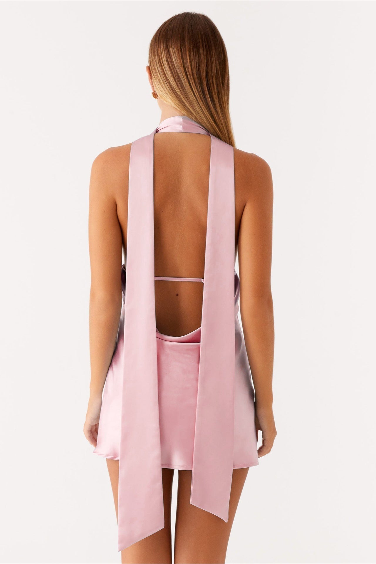 Satin Halter Scarf Tie Deep V-Neck Open Side Backless Mini Dress