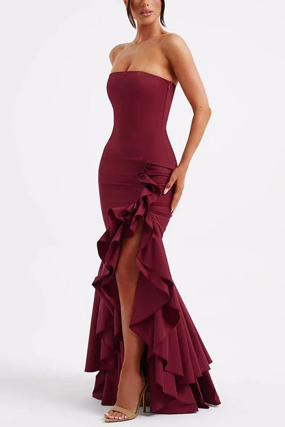 Strapless Ruched Hip Cascade Tiered Ruffle High-Low Maxi Gown