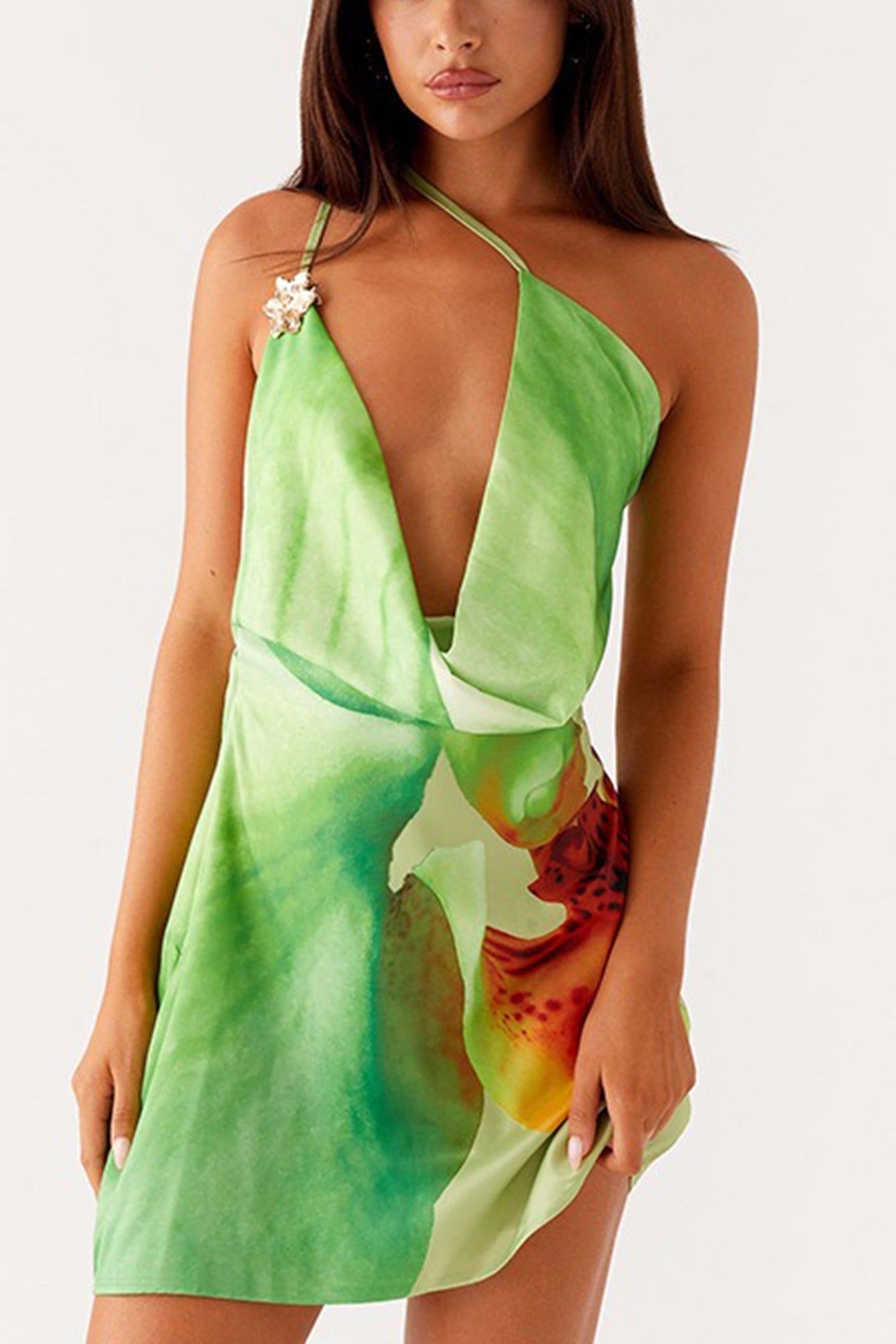 One Shoulder Teardrop Cutout Abstract Print Draped Mini Dress