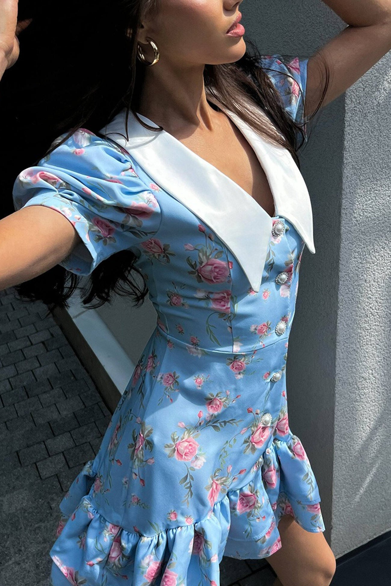 V-Neck Puff Sleeve A-line Ruffle Mini Dress