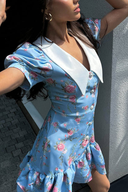 V-Neck Puff Sleeve A-line Ruffle Mini Dress