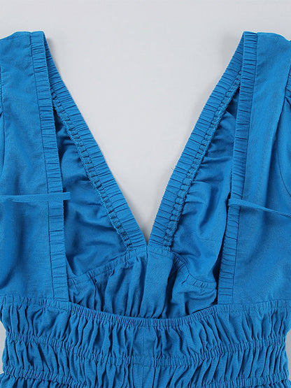 Summer Mini Dresses Blue V-Neck Lace Up Beach Dress