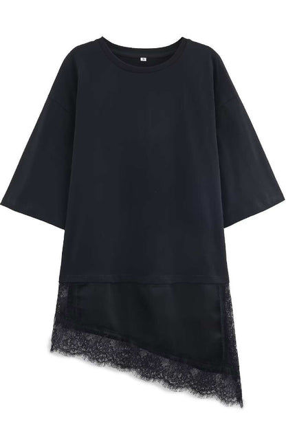 Stylish Round Neck Short-sleeved Patchwork Lace Hem Loose T-shirt
