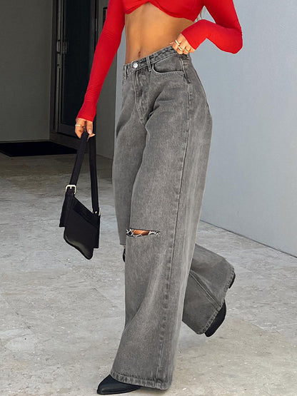 Gray Wash Ripped High Rise Boyfriend Jeans