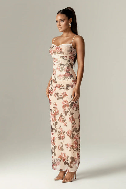 Valencia Bloom - Corset Maxi Dress with Italian Rose Print