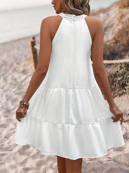 Crochet Lace Yoke Halter Neck Tiered Ruffle Hem Mini Dress