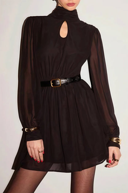 Mock Neck Keyhole Sheer Puff Sleeve Belted Pleated Mini Dress