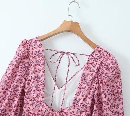 Early Spring Romantic Printed Sexy Backless V Neck Long Sleeve Princess Dress Short Dress – Floral Print Backless V Neck Mini Dress