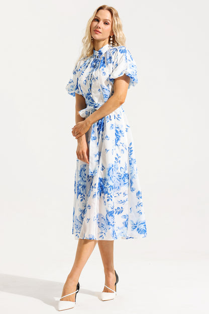 Floral Single Breasted Puff Sleeve Midi Dress With Belt