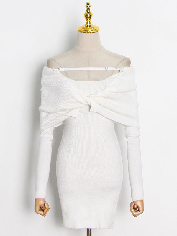 White Bodycon Dress Foldover Long Sleeves Twisted-Front Pencil Mini Dresses