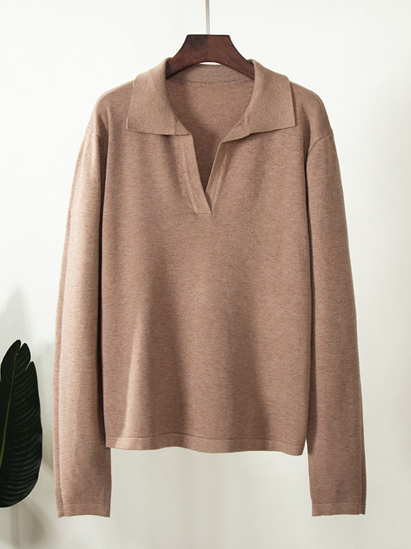 Solid Lapel Neck Knit Sweater