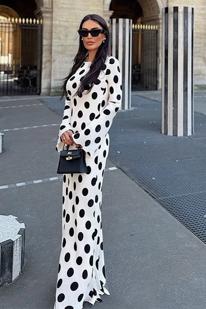 Polka Dot Print Crew Neck Bell Sleeve Column Maxi Dress