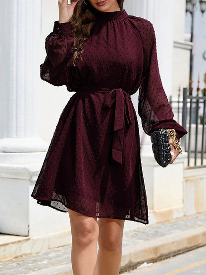 Loose Belted Solid Color Split-Joint Round-neck Mini Dresses
